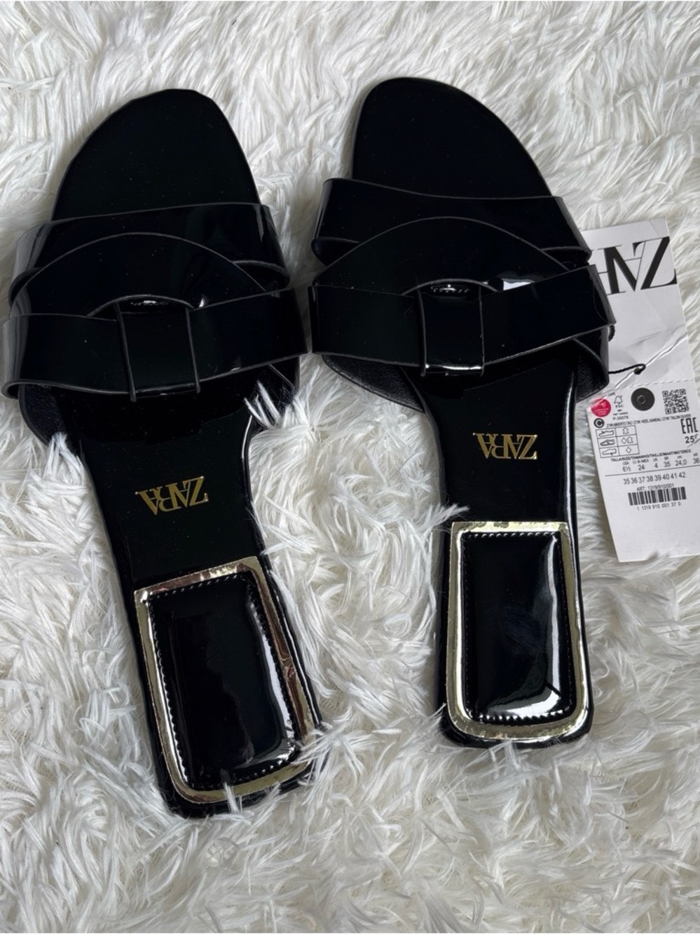 Zara Black Patent Buckle Slide Mules